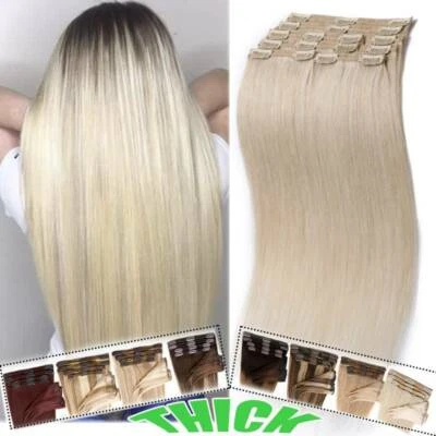 S-NOILITE 8"-24" Extra Thick Clip In Remy Real Human Hair Extensions Full Head Double Weft