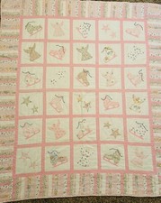 Handmade Needlepoint Baby Child Quilt Blanket 61x54  Mostly Pink/White Clean