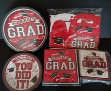FREE 2025 Red Graduation Party Paper napkins plates & boxes 50 Guests Total 224