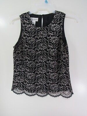 Womens Rena Rowan Top Size 8 Black Tan Lace Lined Sleeveless Back Button Keyhole