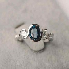 London Blue Topaz Engagement Ring, Silver 925 Oval Cut Blue Gemstone Ring,