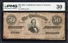 1864 $50 Fifty Dollar Confederate States of America CSA Note T-66 PMG VF 30