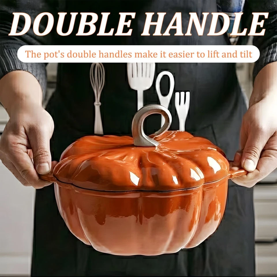 Pumpkin Cast Iron Dutch Oven, 4Qt Pumpkin-Shaped Cocotte, Enamel Cast Iron Cooki - Image 3 of 4