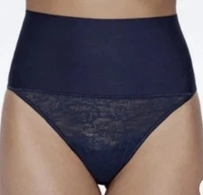 MAIDENFORM Cool Comfort Tame Your Tummy Navy Lace Shape Thong Panty L NWT