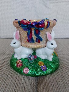 VINTAGE Christopher Radko Easter Bunny & Eggs Decorative Candy Dish 2004 Glitter