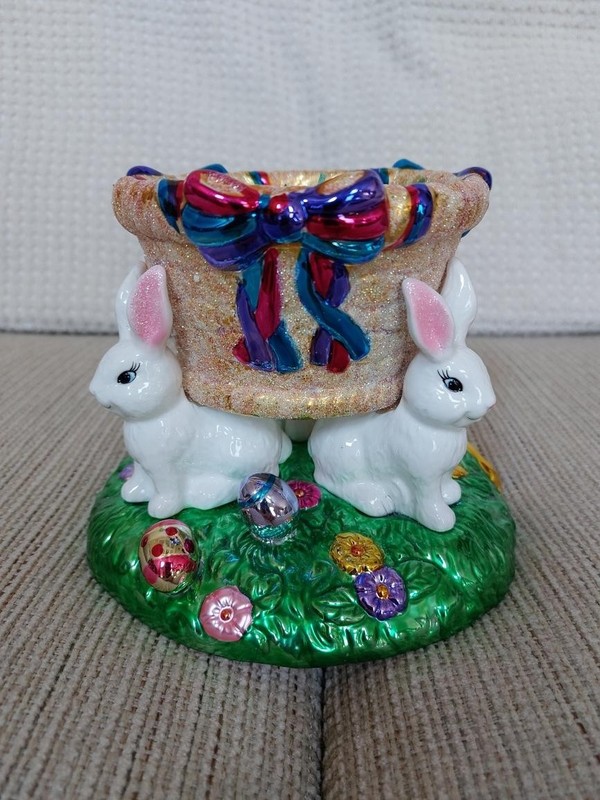 VINTAGE Christopher Radko Easter Bunny & Eggs Decorative Candy Dish 2004 Glitter