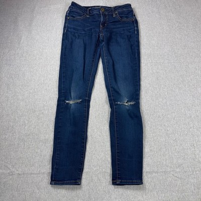 American Eagle Super Stretch Jeggings Dark Wash Distressed Ripped Knee Size 0