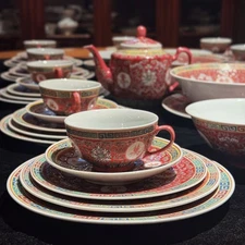 Chinese 70pc Jingdezhen Famille Rose Dinner Set Longevity Double Happiness Rare
