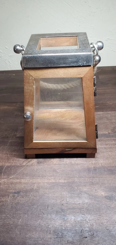 Vintage Rop Handle 9" Wooden Candle Lantern Large Brown Glass Candle House - Image 3 of 4