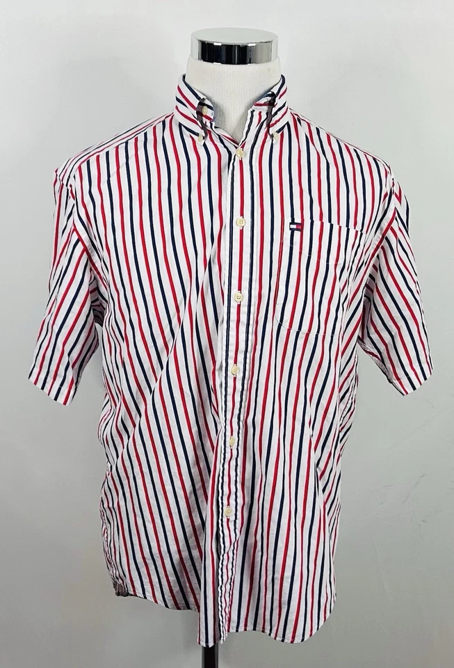 Tommy Hilfiger Small Short Sleeve Shirt Red White Blue Striped Button Down - Image 2 of 4