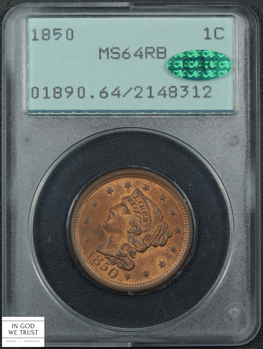 MS 64 Graded 1850 Year Braided Hair Large Cents (1839-1857) for