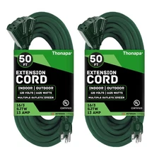 2 Pack of 50 Ft Outdoor Extension Cords -3 Electrical Power Outlets - 16/3 Green
