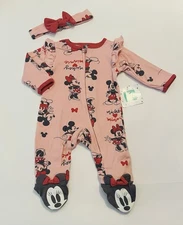 Disney Baby Girl Minnie Mouse 0-3 Months Footed Pajamas Headband 2 PC Set New