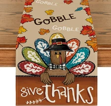 Turkey Give Thanks Thanksgiving Table Runner, Seasonal Fall Autumn Kitchen Dinin