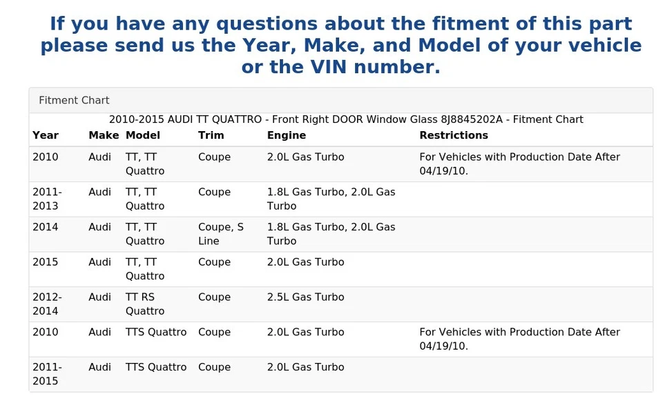 2010-2015 奥迪 TT 四轮车 - 右前门窗玻璃 8J8845202A — 第 4/4 张图片