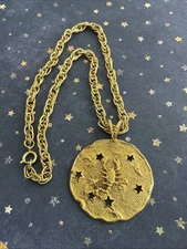 Scorpio Zodiac Pendant Necklace Gold Tone Medallion 18 inch Chain