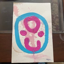 Original Abstract Art Painting Smiley Happy Face Pink Blue Circles Signed BAIL