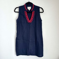 Sail to Sable Navy Blue Linen Sleeveless Mini Short Dress Red Embroider Trim S
