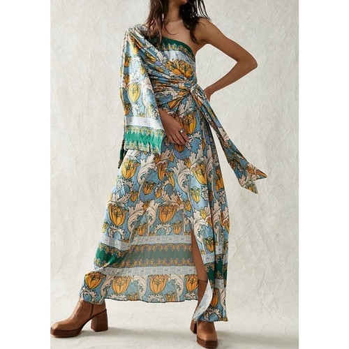 Free People New Pardon My French Dress Maxi One Shoulder Tropical Print Large - Picture 3 of 13