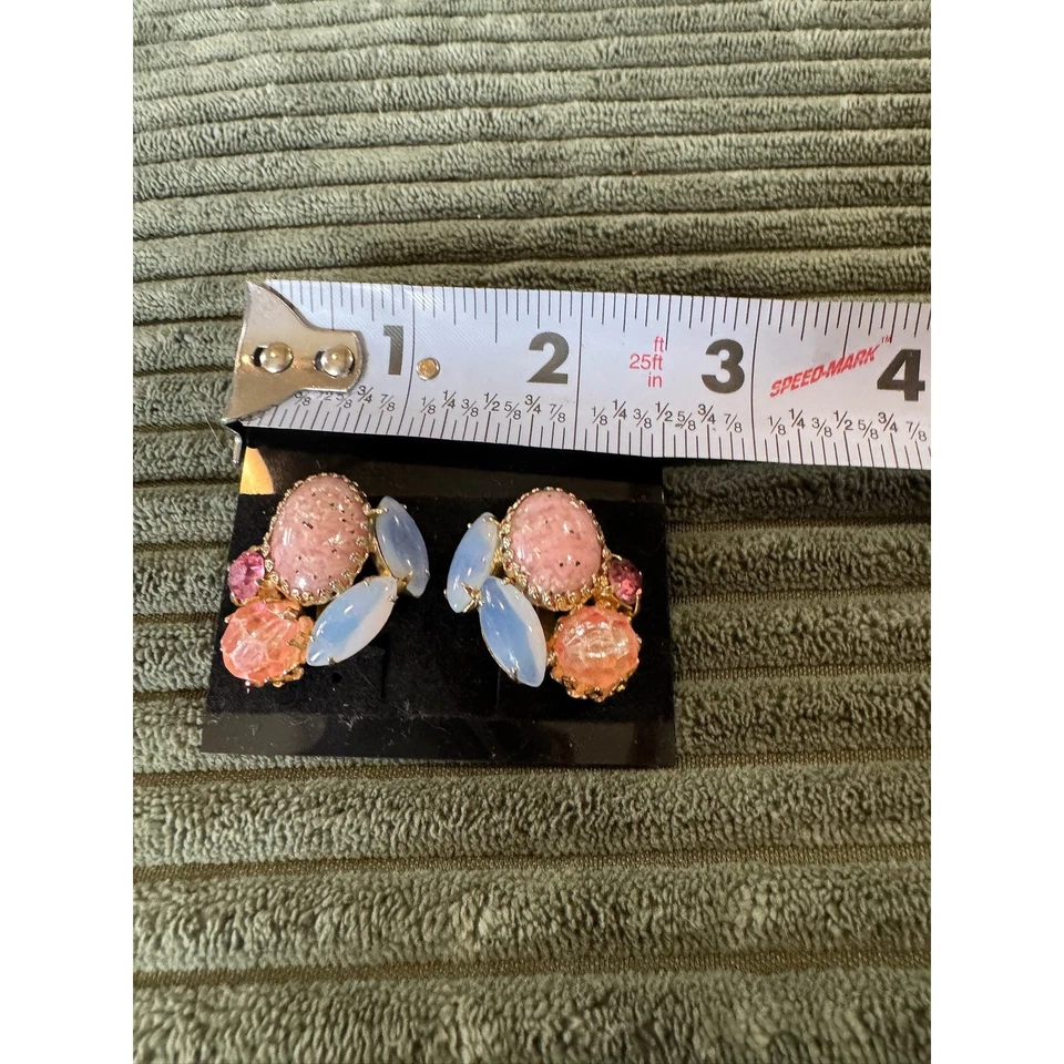 Pendientes de Clip Retro Coral Rosa Tono Oro Cabujón Foto 2 de 4