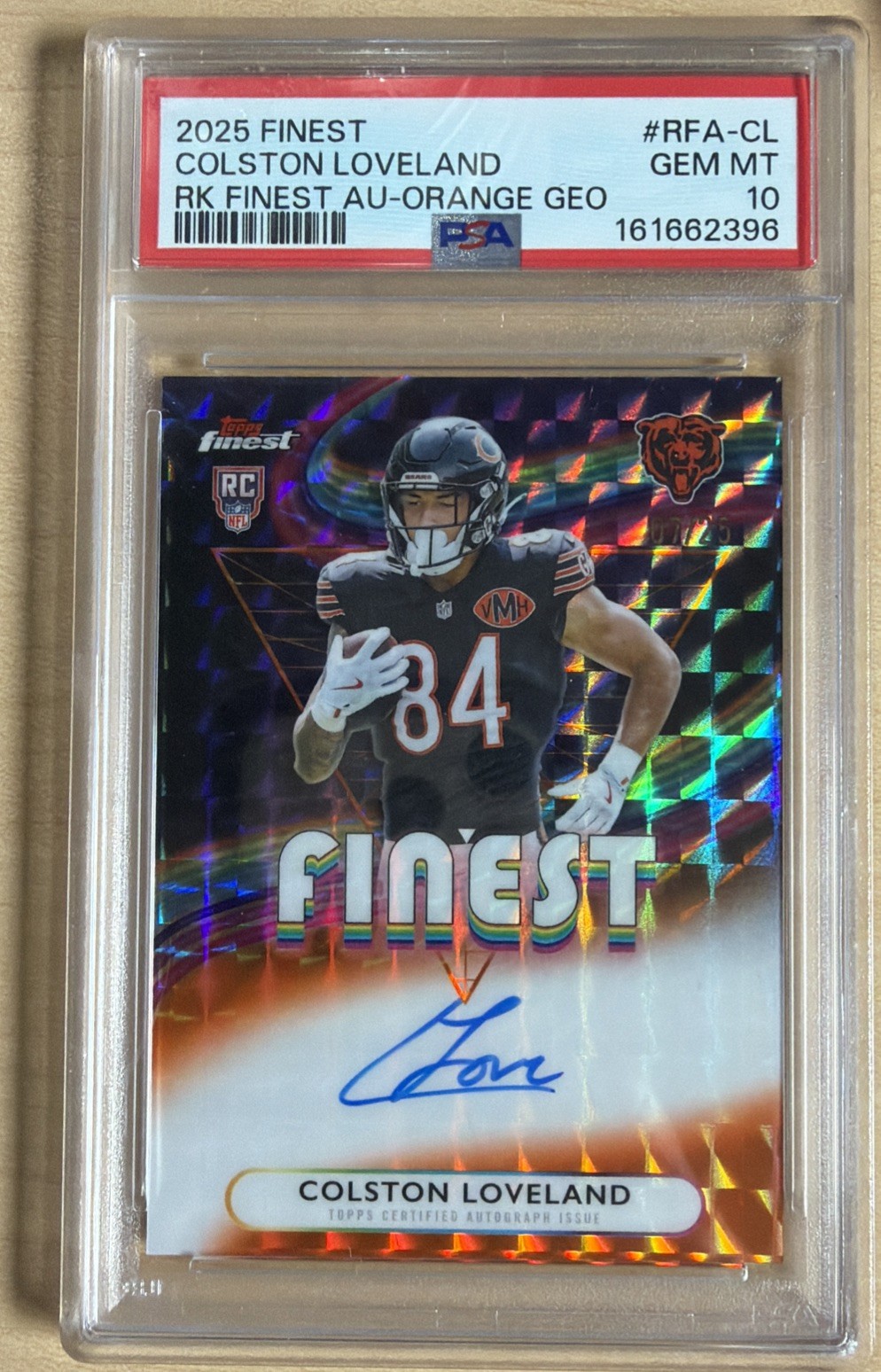 2025 Topps Finest Colston Loveland Rookie Auto Orange Geometric/25 PSA 10 Pop 1