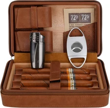 Cigar Travel Humidor, Cedar Wood Leather Cigar Case with Cigar Accessories Gift 