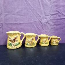 Vtg Measuring Cup Set 4 Ceramic Pitchers Embossed Eagles/Laurels Federal Style 