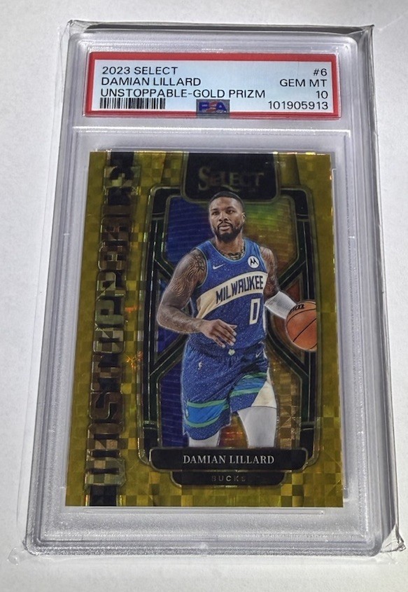 2023 Select #6 Damian Lillard Unstoppable-Gold Prizm 2/10 PSA 10
