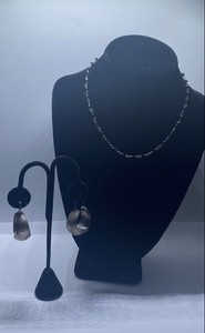 Sterling Silver 925 Black Crystal Beaded Necklace & Etched Hoop Earrings Set