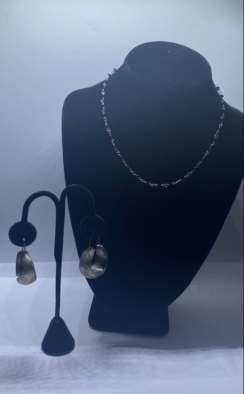 Sterling Silver 925 Black Crystal Beaded Necklace & Etched Hoop Earrings Set