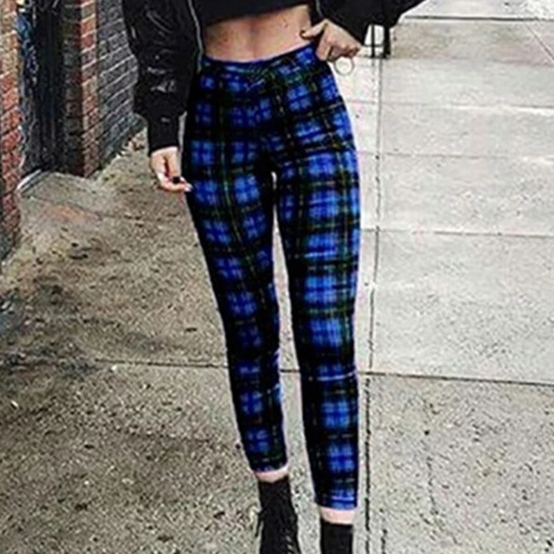 Womens Retro Plaid Print High Waist Pants Ladies Punk Gothic Slim Check Trousers - Image 3 of 4