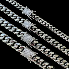 Miami Cuban Link Stainless Steel Chain W. 1ct CZ Iced 925 Silver Clasp 8mm-14mm