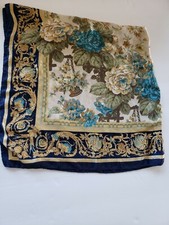 VINTAGE SCARF 34 inches Unmarked Bold navy, blue, green and gold colors Floral
