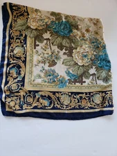 VINTAGE SCARF 34 inches Unmarked Bold navy, blue, green and gold colors Floral