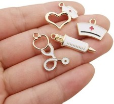 4 Nurse Charms Doctor Pendants Themed Gold Enamel Assorted Medical Jewelry