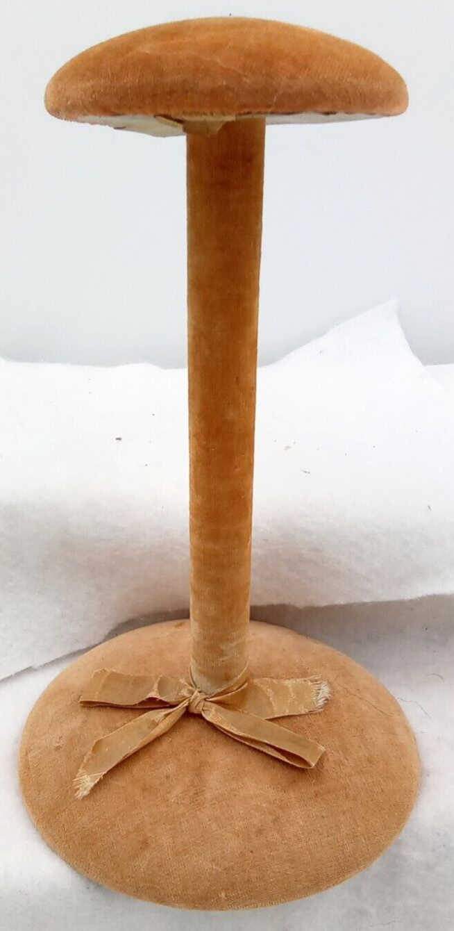 Vintage Hat Stand Holder Display Wood Velvet Fabric Bow Tan Round Victorian 8