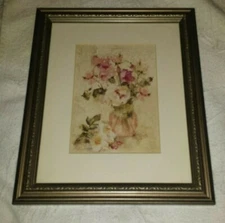 Framed Matted Under Glass Print of  Vase & Flowers 11.5" x 9.5"