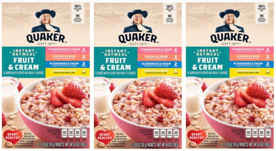 Quaker Fruit Cream Instant Oatmeal (3 Boxes) Banana Peach Blueberry Strawberry