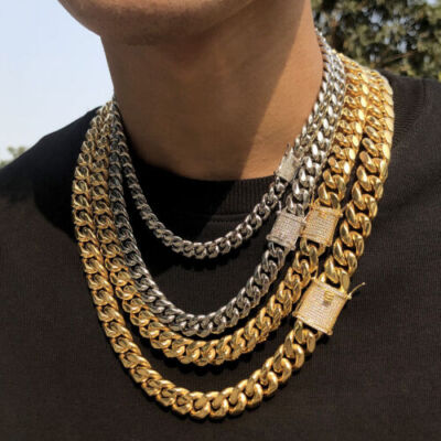 Gold Plated Miami Cuban Link Chain Bracelet Stainless CZ Steel Clasp 6mm-14mm