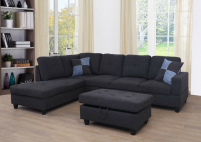 NEW Modern Black Gray Linen Sectional w/ Storage Ottoman & 2 Accent Pillows