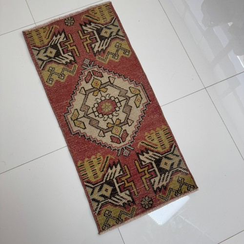 Oriental Handwoven Wool Turkish Accent Rug, 1x3 ft Vintage Oushak Carpet - Picture 2 of 10