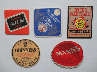 5 alte Bierdeckel, Beer Mat,Ale,Großbritannien, Manns,Carling,Ben Truman,Watneys