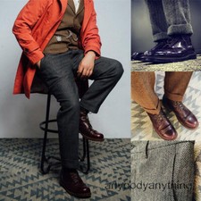 British Men Herringbone Tweed Trouser Wool Blend Dress Pant Casual Straight Pant