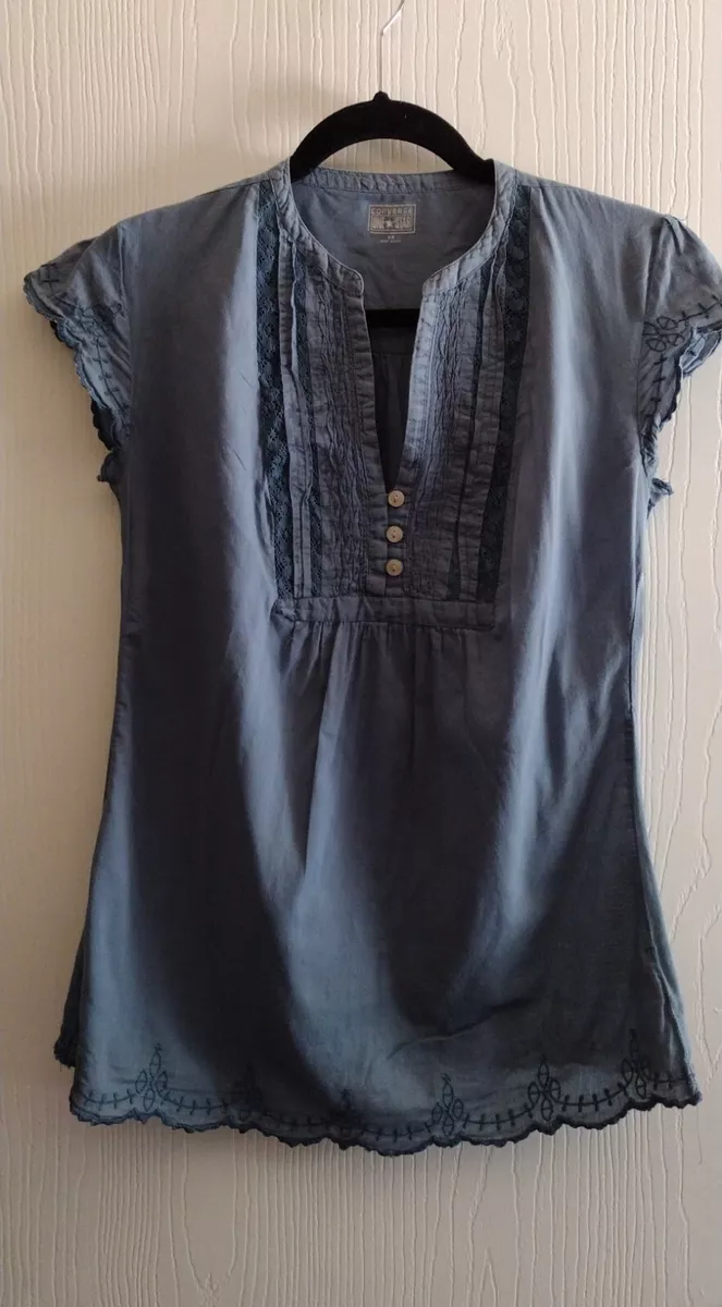 Converse Womens Gray One Star Embroidered Cotton Short Sleeve Blouse Top Size XS