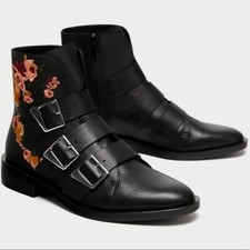 Zara Leather Floral Flower Buckle Embroidered Boot