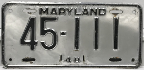 1948 Maryland License Plate 45-111 Aluminum