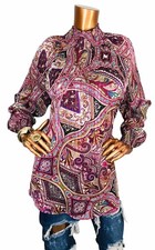 Chico  s 3 or XL Top Lined Blouse Paisleys Multi Print Tunic High Neck Long Slvs