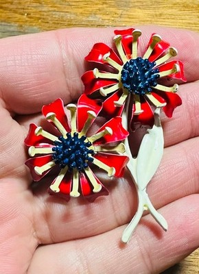 Vintage Large Enamel Red White & Blue Daisy Flower Brooch 4th July #E30