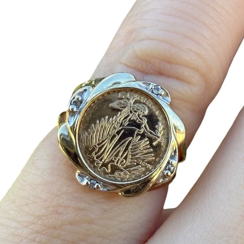Vintage 10K Gold Standing Liberty Coin Ring • Split Shank • Size approx. 3