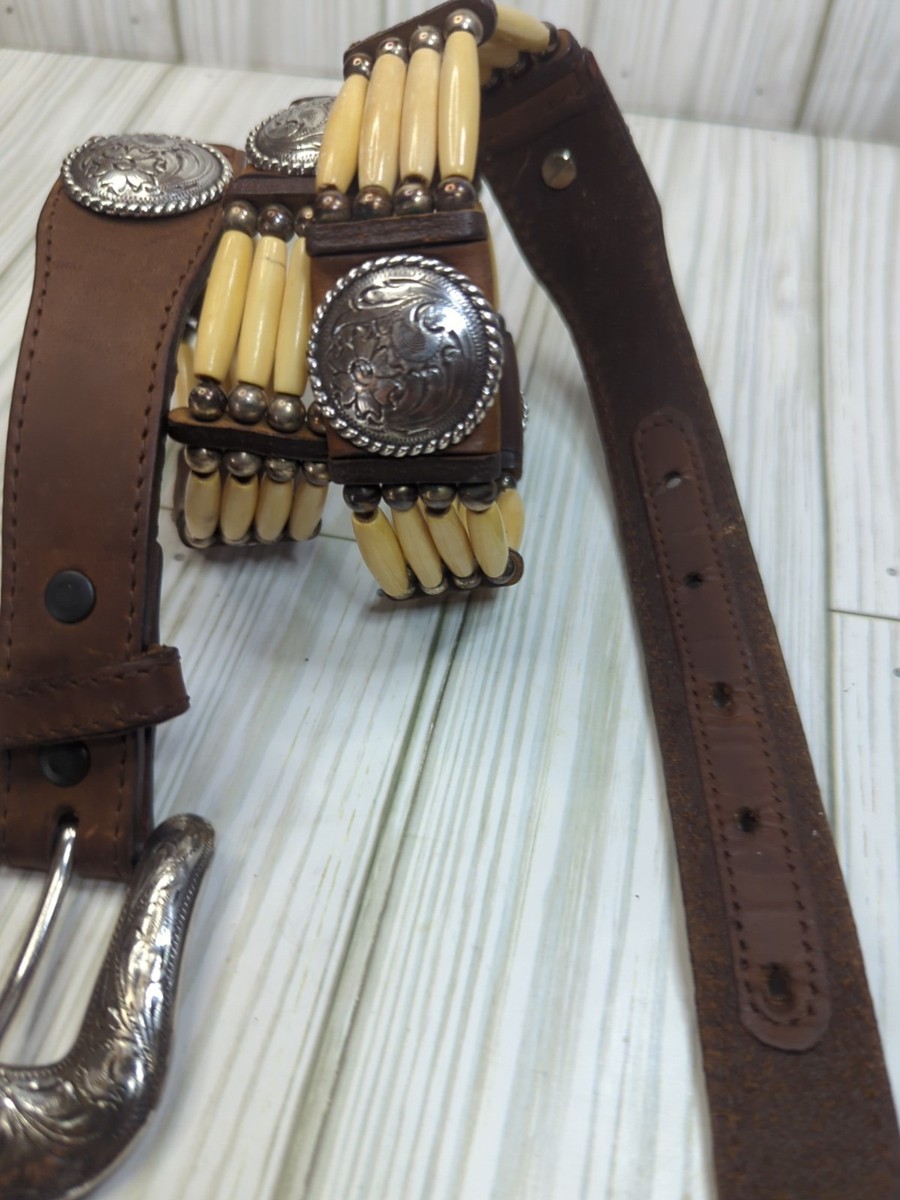 Vintage Tony Lama Western Concho & Native Bone Beaded Leather Belt 7159L, Sz 30 Vintage Tony Lama Belt 28 main image 2
